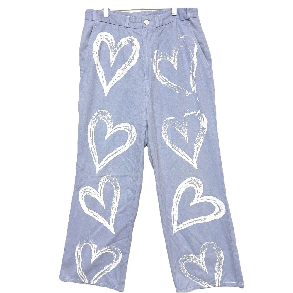 Heart Print Wide Leg Pants Handmade Periwinkle Blue Levi Button High Rise 31‎ W